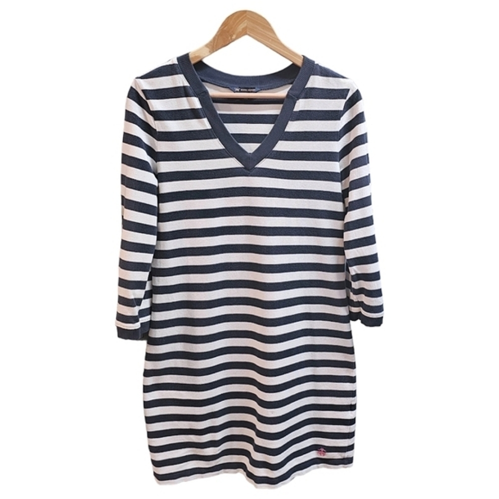 Brooks Brothers 100% Cotton Ling Sleeve V Neck Striped Dress Medium Navy White